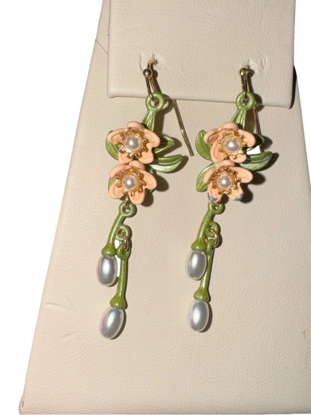 Floral Dangle Earrings Pink Green Enamel Faux Pearl Drop Cottagecore Chic